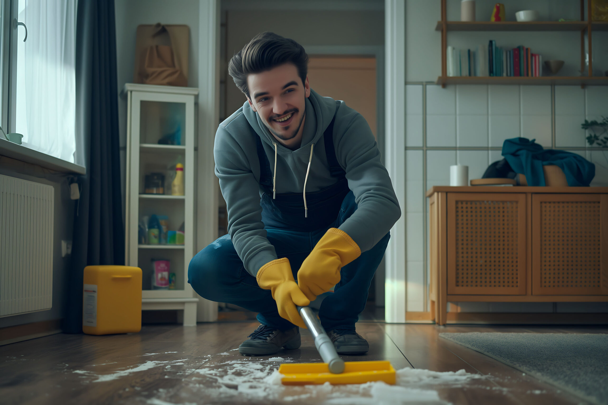 portrait man doing household chores participating cleaning home